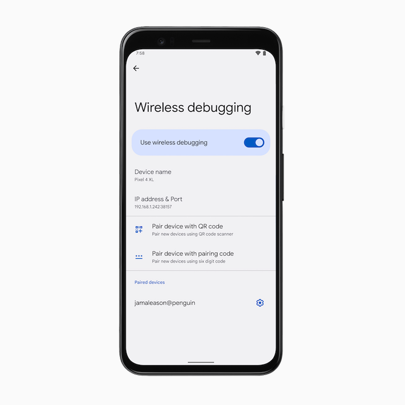 Google Pixel 手机上的无线调试设置屏幕截图 Google Pixel 手机上的无线调试设置屏幕截图