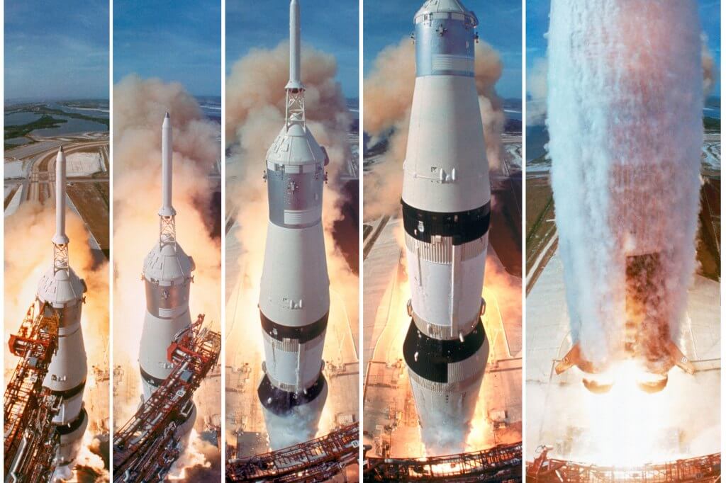 Liftoff: Composite image of the gantry retracting while the Saturn V boosters lift off to carry the Apollo 11 astronauts to the Moon, July 16, 1969.